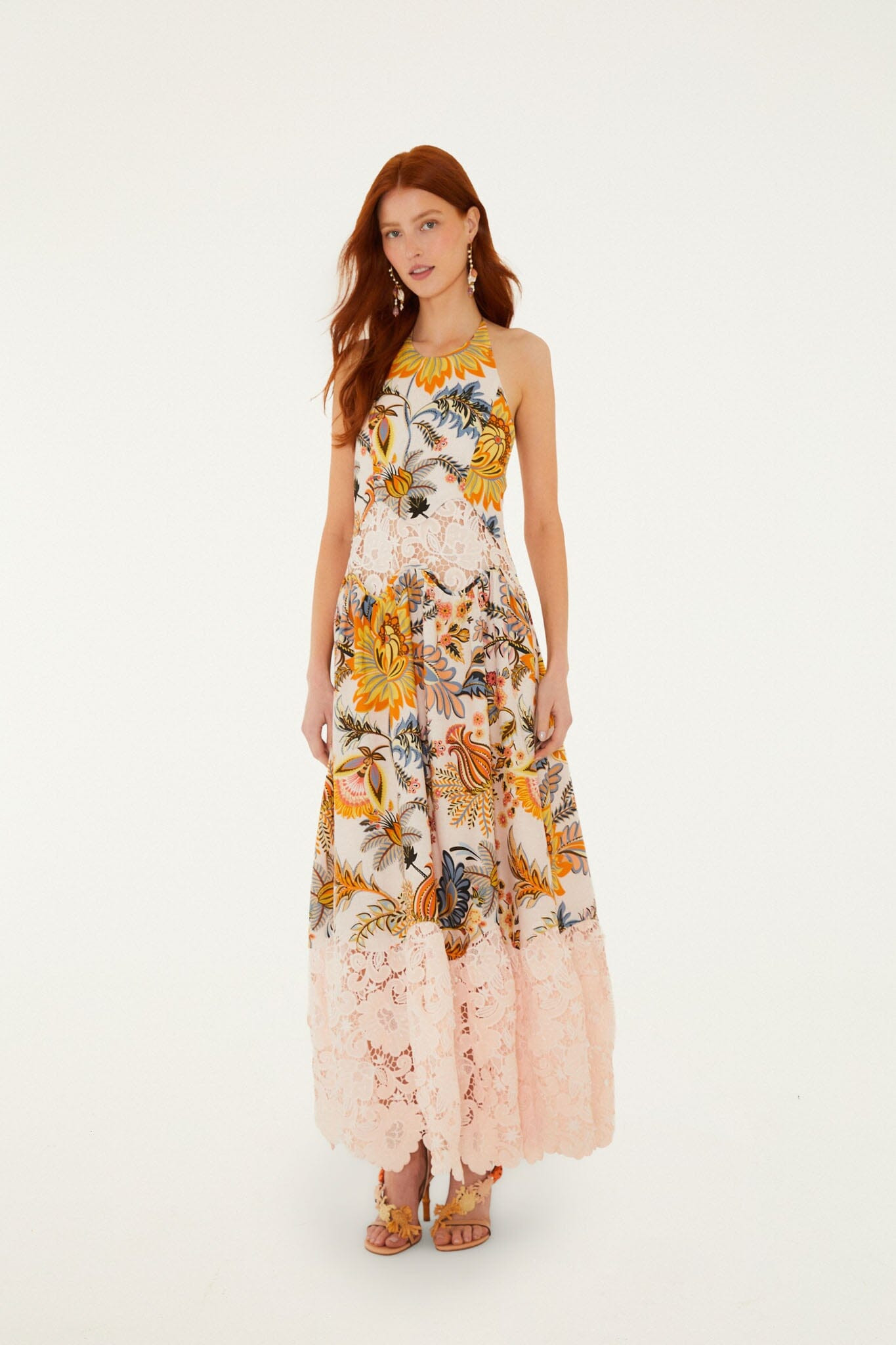 Light Pink Ligia Floral Lace Lenzing Ecovero Euroflax Maxi Dress | FARM Rio | FarmRio (US)
