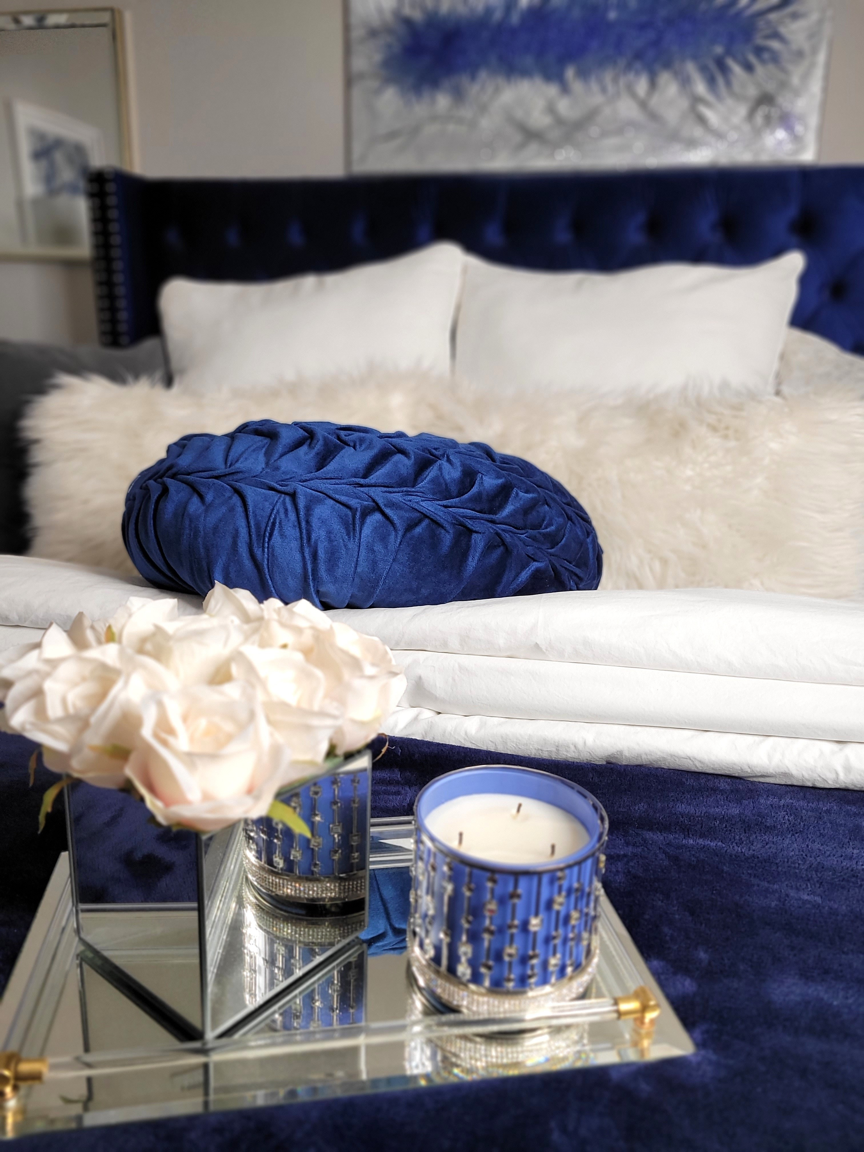 Creating a bedroom that feels cozy, polished, and put together has been one of my favorite ways to make home feel more intentional. I’ve been loving rich blue tones, soft textures, mirrored decor, and simple pieces that make the space feel elevated without trying too hard.Linking similar home decor pieces including the mirrored tray, blue accent pillow, candle, and bedroom decor details.modern glam bedroom • blue bedroom decor • cozy bedroom aesthetic • luxury bedroom decor • mirrored decor • bedroom styling ideas • home decor inspiration • blue velvet decor • neutral bedroom • glam home decor • tufted headboard • decorative tray styling • cozy home vibes • elegant bedroom ideas

#LTKmorningroutine #LTKHome #LTKselfcare