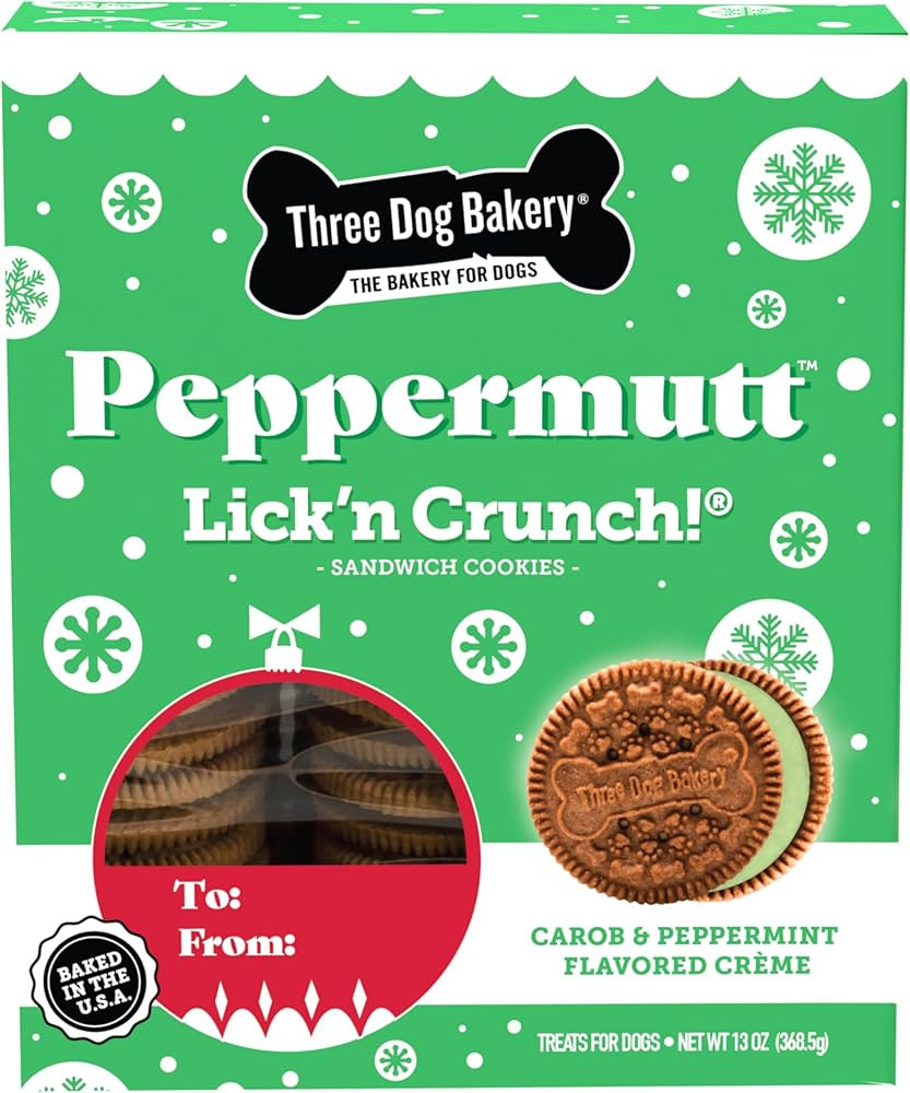 Three Dog Bakery Peppermutt Lick'n Crunch, Carob Cookie w/Green Crème Peppermint Flavored Fillin... | Amazon (US)