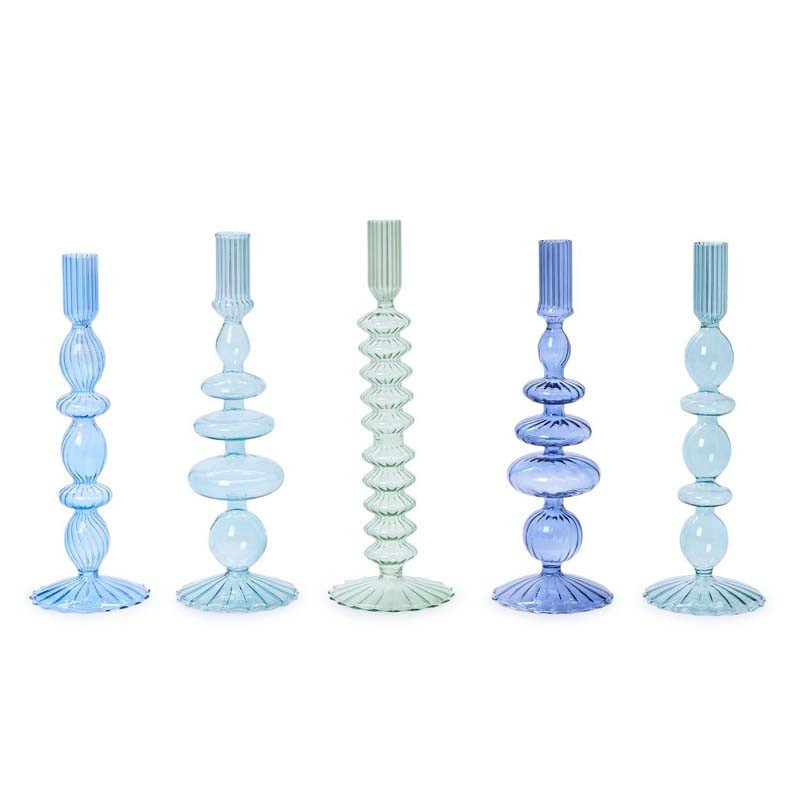 Hand-Blown Glass Taper Candlestick Candle Holders, Set of 5 - Blue | The Company Store
