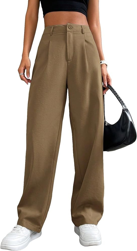 Milumia Women's Pleated High Waisted Straight Leg Casual Work Pants Button Down Long Trousers | Amazon (US)