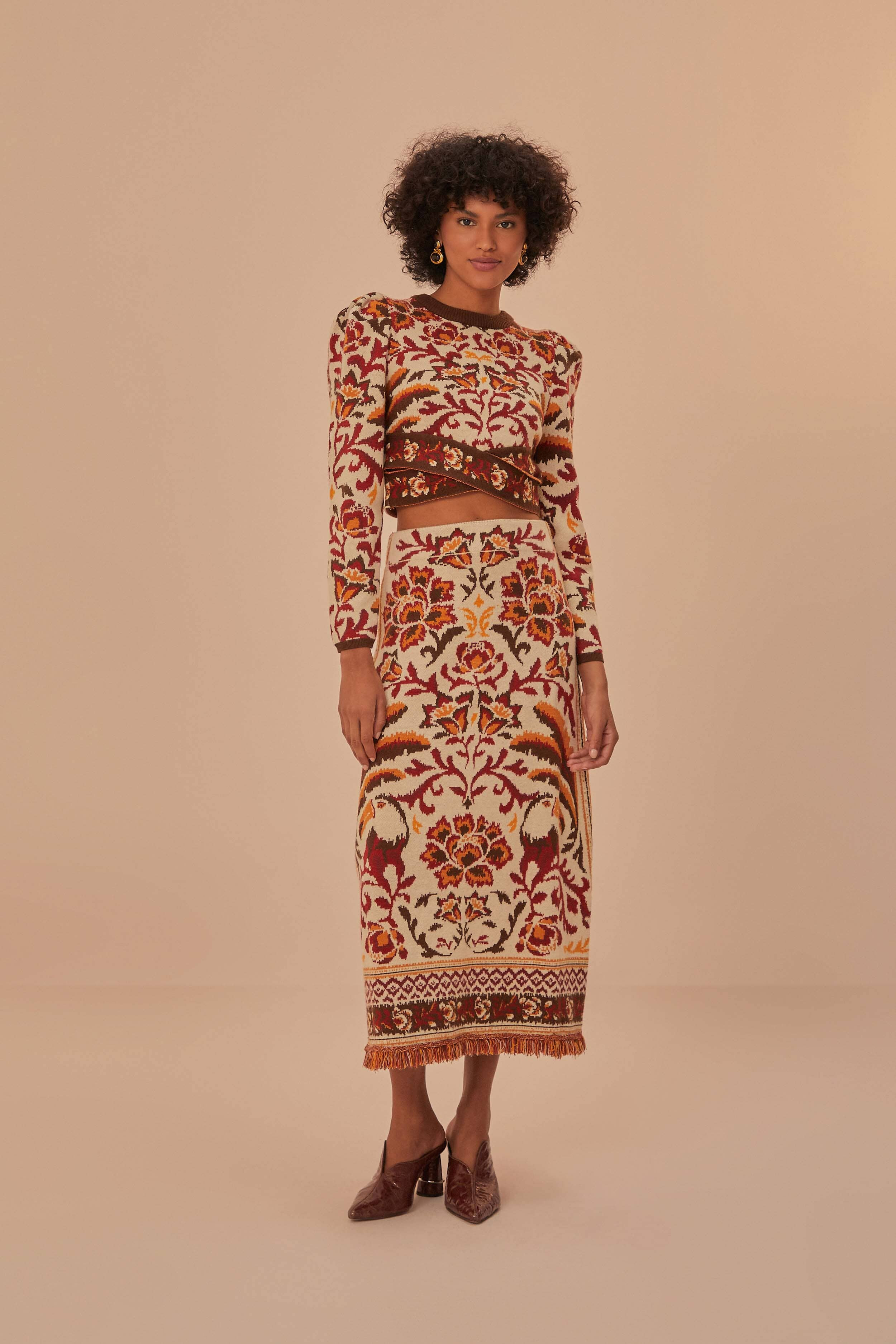Cream Toucans Scarf Knit Midi Skirt | FarmRio (US)