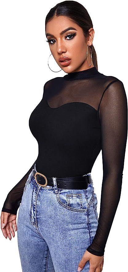Verdusa Women's Basic Mock Neck Slim Fitted Long Sleeve Pullovers Tee Tops | Amazon (US)
