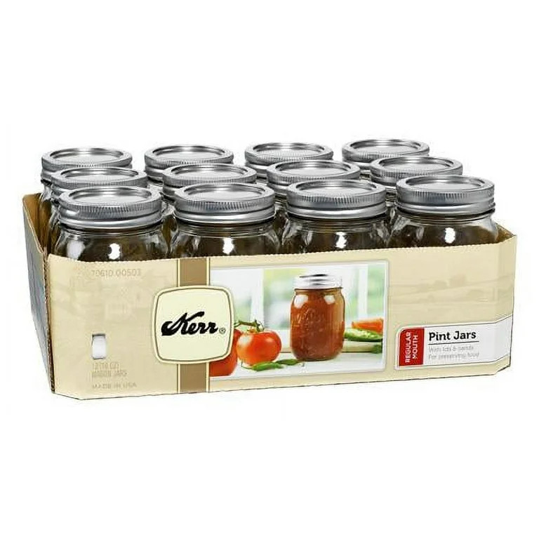 Kerr Canning Jars, Regular Mouth Pint (16 oz.) Mason Jars with Lids and Bands, 12 Count | Walmart (US)