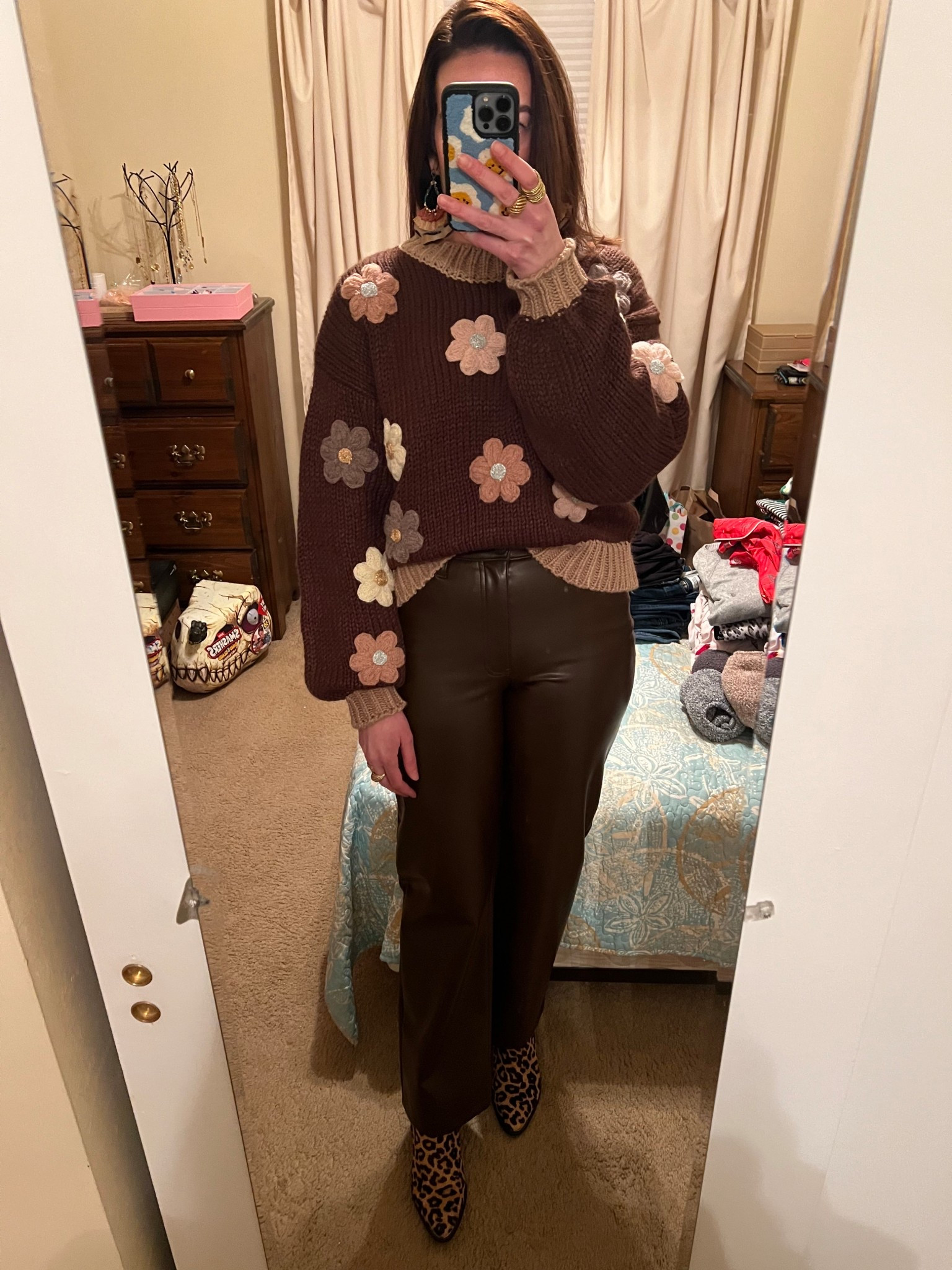 Brown floral sweater (xs). Brown leather straight leg pants (27). Leopard boots (8.5). #sweater #floralsweater #brownsweater #pants #straightlegpants #leatherpants #brownpants #brownleatherpants #boots #leopardboots #winteroutfit #datenightoutfit 
Winter Outfit
Date Night Outfit

#LTKSeasonal #LTKootd