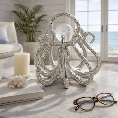 Octopus Figurine for Home Decor - Coastal Metal Sculpture with Glass Accent for Shelf, Table, Room or Office Styling - 8", Silver & Metallic | Target