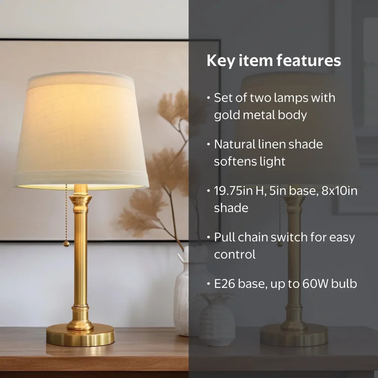 Oneach 19.75" Gold Modern Table Lamp Set of 2 for Living Room Bedroom Nightstands Bedside Lamps, ... | Walmart (US)