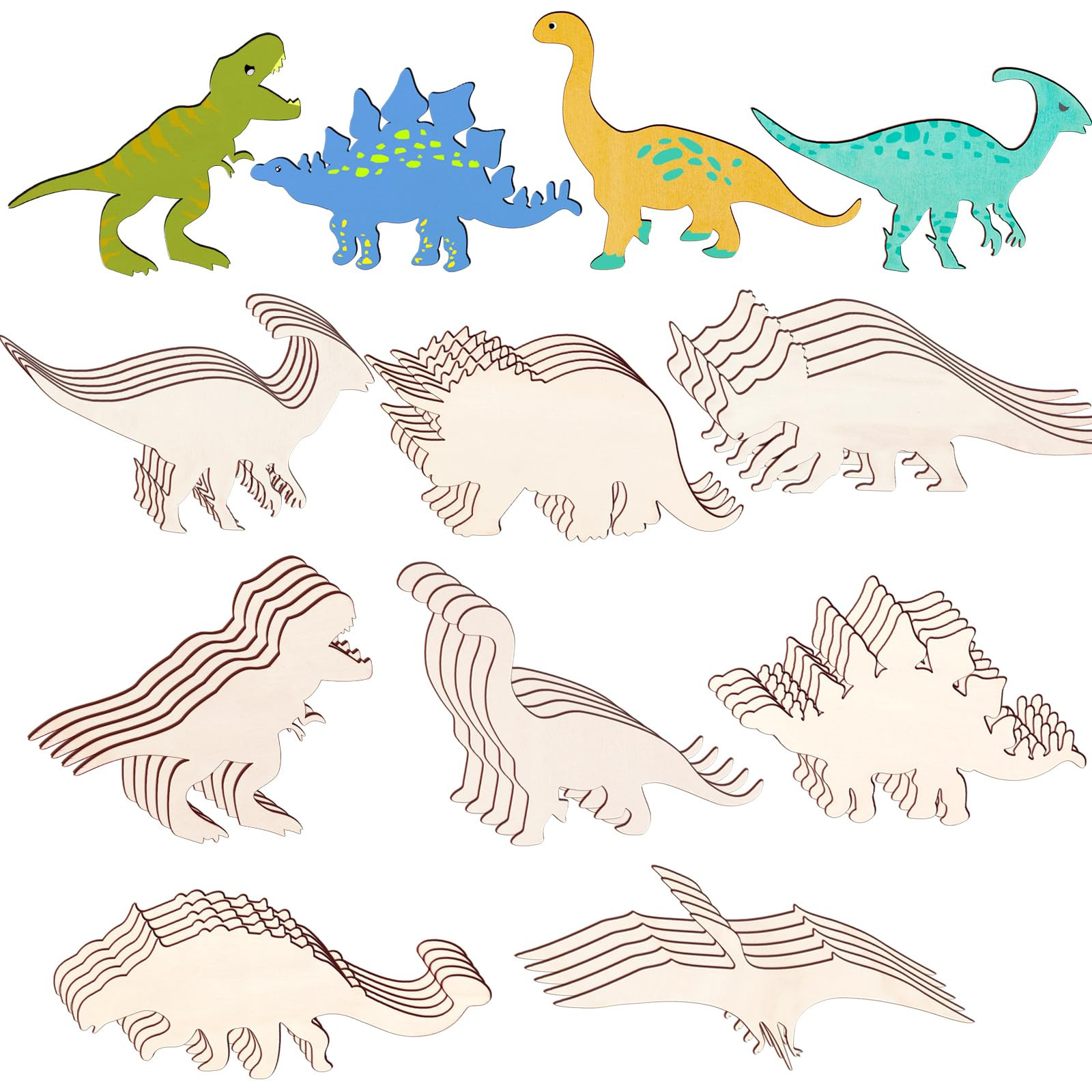 48 Pack Unfinished Wooden Dinosaur Animal Cutouts,Pterosauria,Tyrannosaurus Rex,Triceratops,Stego... | Amazon (US)