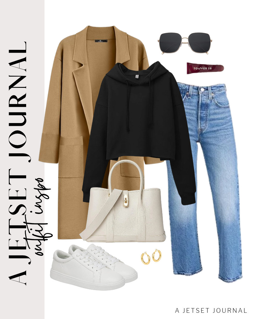 The next outfit is a black cropped hoodie paired with a camel-colored long cardigan sweater from LILLUSORY and Levi’s ankle jeans. This outfit is perfect with a DORIS&JACKY leather top-handle satchel bag and Dr. Scholl’s Vivienne sneakers. Complete the look with SOJOS square metal-frame sunnies and chunky hoop earrings from sovesi. 

 #LTKSeasonal #LTKSaleAlert #LTKTravel
