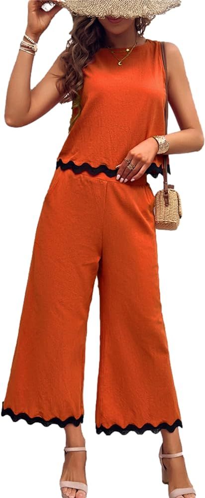 HangNiFang Womens Summer 2 Piece Outfits Sleeveless Cropped Tank Button Back Top Capri Wide Leg P... | Amazon (US)