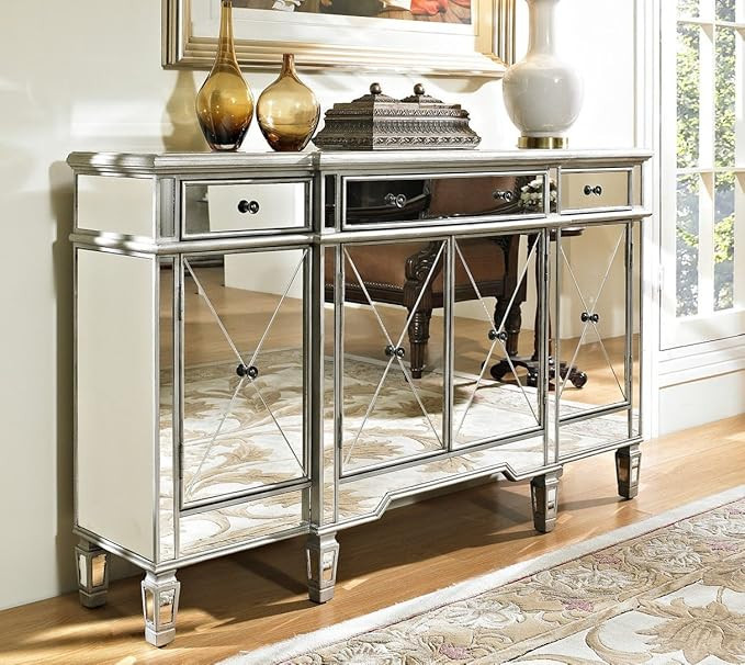 Benton Collection 60" Silver Wood Frame Mirrored Panels Andrea Storage Sideboard Buffet Cabinet f... | Amazon (US)