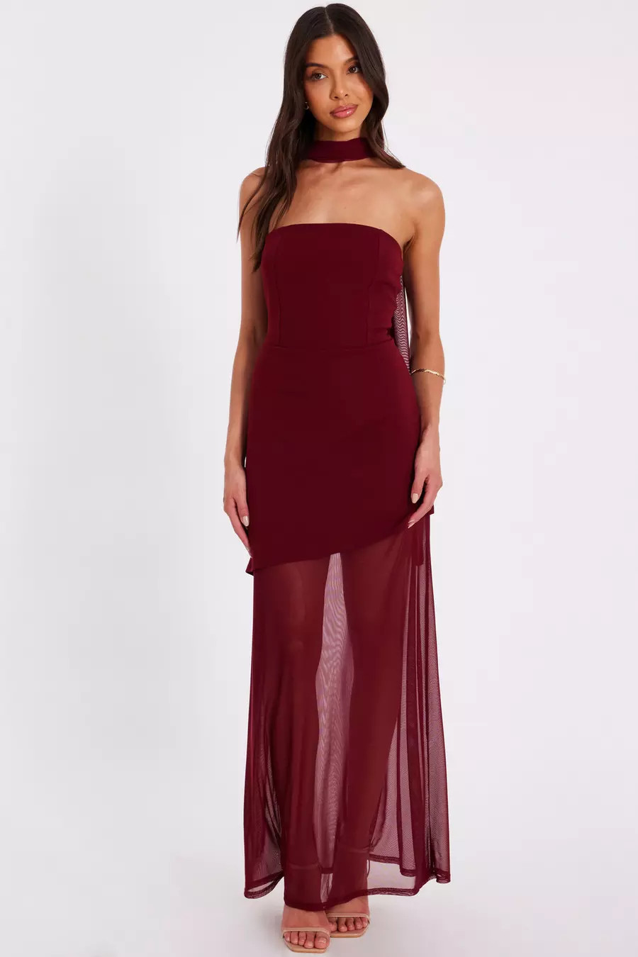 Dark Red Strapless Mesh Hem Maxi Dress | Quiz Clothing
