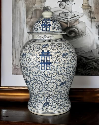 Festcool 19 inch Antique Like Blue and White Porcelain Temple Vase Jar Double Happiness Jingdezhen China (J8) Blue White 19*11*11 inches | Amazon (US)