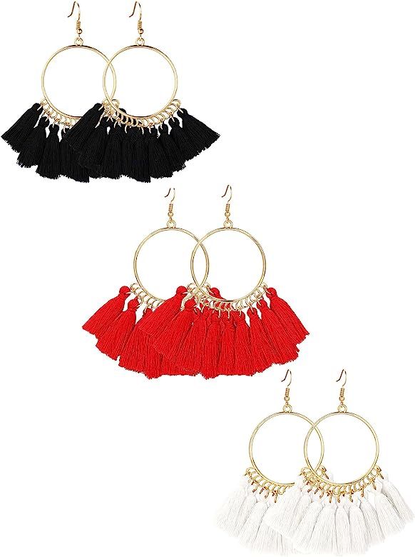 Gejoy Tassel Hoop Earrings Fan-shaped Drop Earrings Dangle Eardrop for Women Girls Party Bohemia ... | Amazon (US)