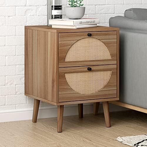 Rattan Nightstand Side Table, Farmhouse End Table with 2 Storage Drawers, Mid-Century Accent Wood... | Amazon (US)