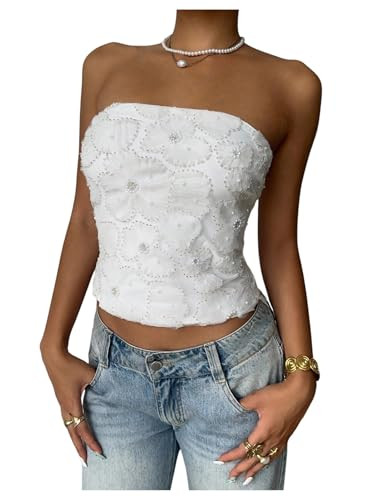 MakeMeChic Women's Floral Tube Top Elegant Beaded Strapless Bandeau Sleeveless Going Out Crop Top... | Amazon (US)