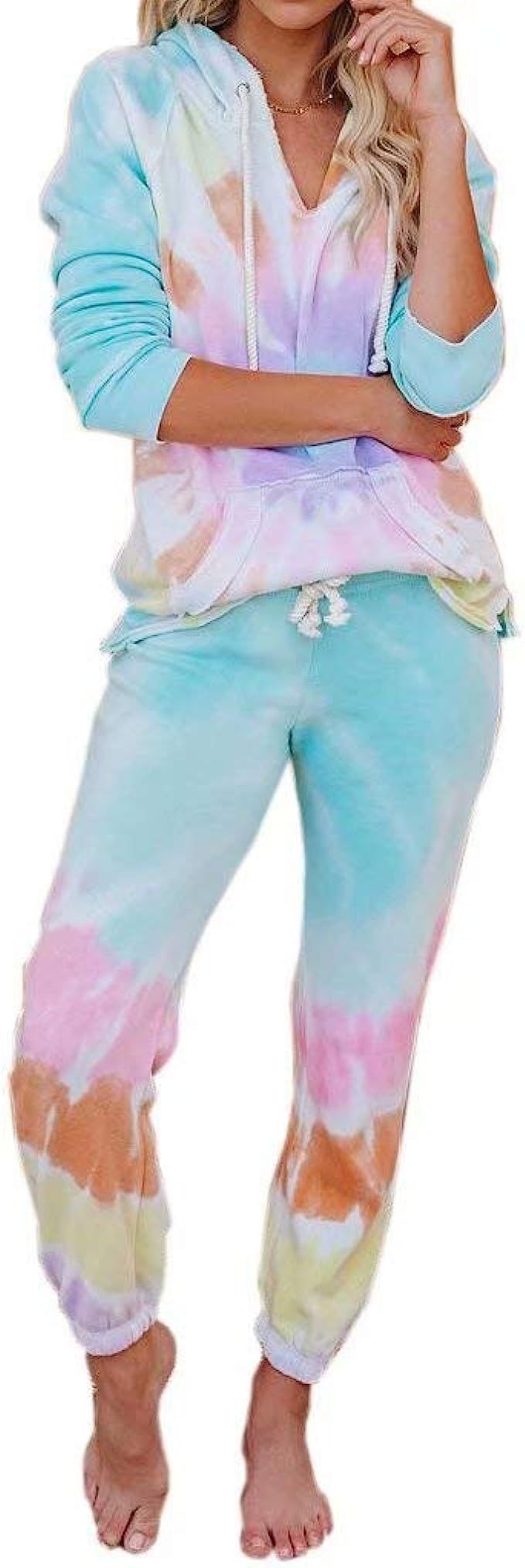 LACOZY Women's Tie Dye Printed Hoodie Long Sleeve Tops and Pants Long Pajamas Set Joggers PJ Sets... | Amazon (US)