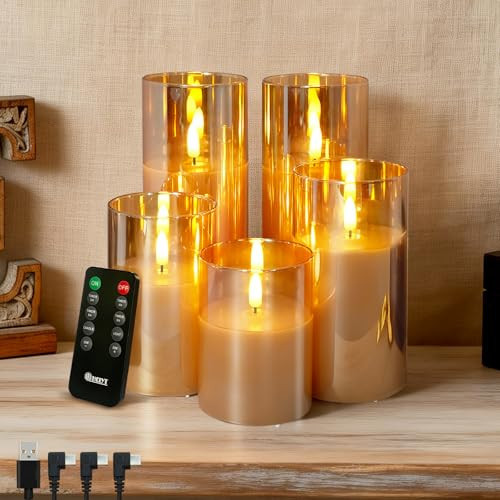 LEDHOLYT Rechargeable Flameless Candles, Realistic Flickering LED Flameless Candles Real Wax Candle with Remote Control and Timer, Gold Glass Electronic Candle, 1 Set of 5（Gold） | Amazon (US)