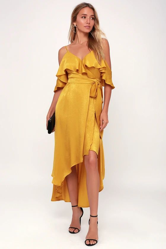 Layla Mustard Yellow Satin Off-the-Shoulder Wrap Dress | Lulus (US)