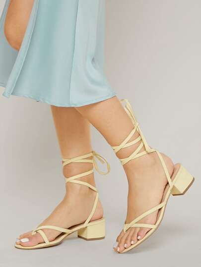 Faux Suede Open-Toe Lace-Up Block Heels | SHEIN