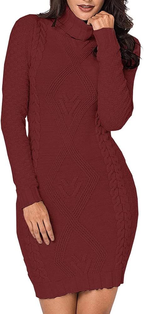 Koinshha Women's Sweater Dress Cable Knit Slim Fit Warm Turtleneck Sweater Dress | Amazon (US)