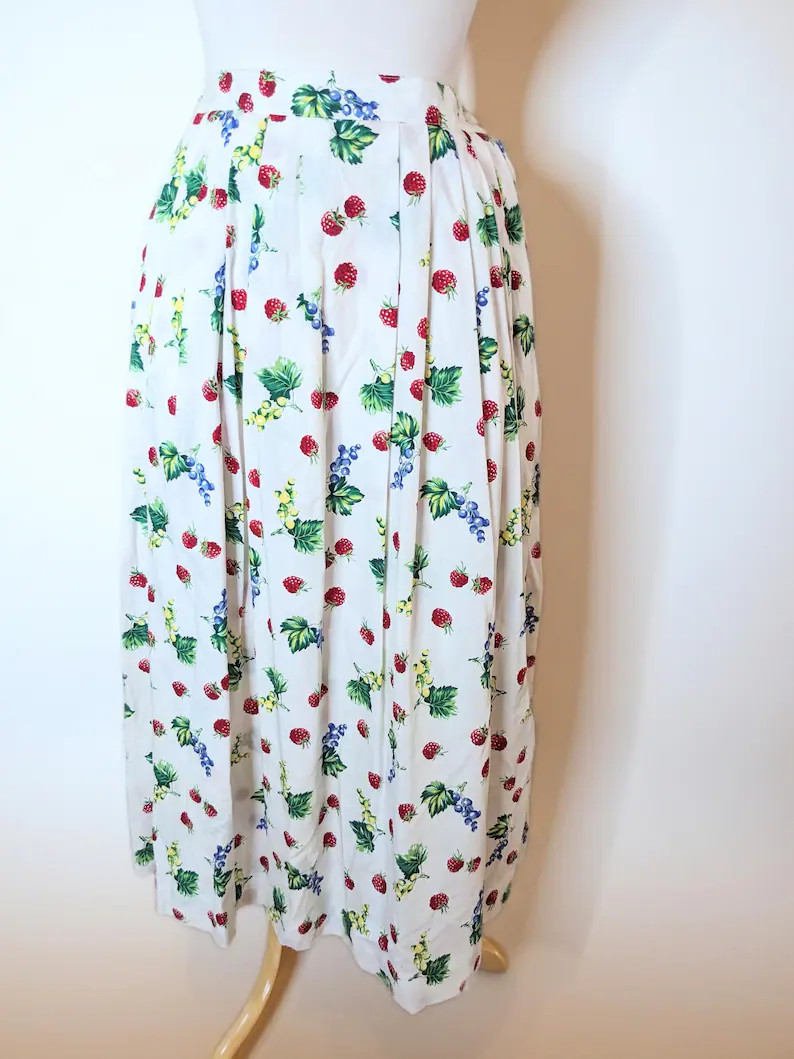 Vintage Susan Bristol Fruit Print Maxi Skirt | 1990s Cotton Pleated Botanical Novelty Size 8 | Etsy (Global)