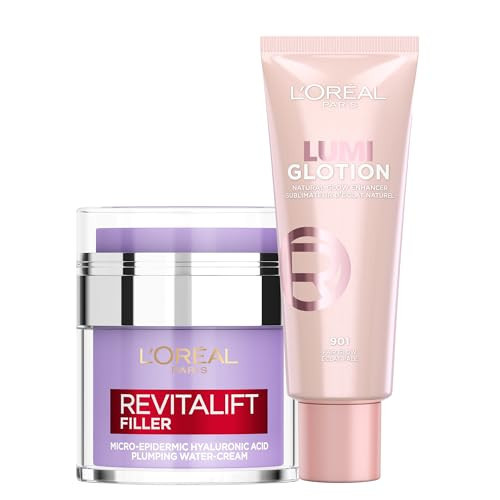 L'Oreal Paris Glow Enhancer 24h Paradise Lumi Glotion Shade 901 and Revitalift Filler Replumping Water Cream, Reduce Fine Lines Appearance and Hydrate, Glowy Skin Routine For Mum on Mothers Day | Amazon (UK)