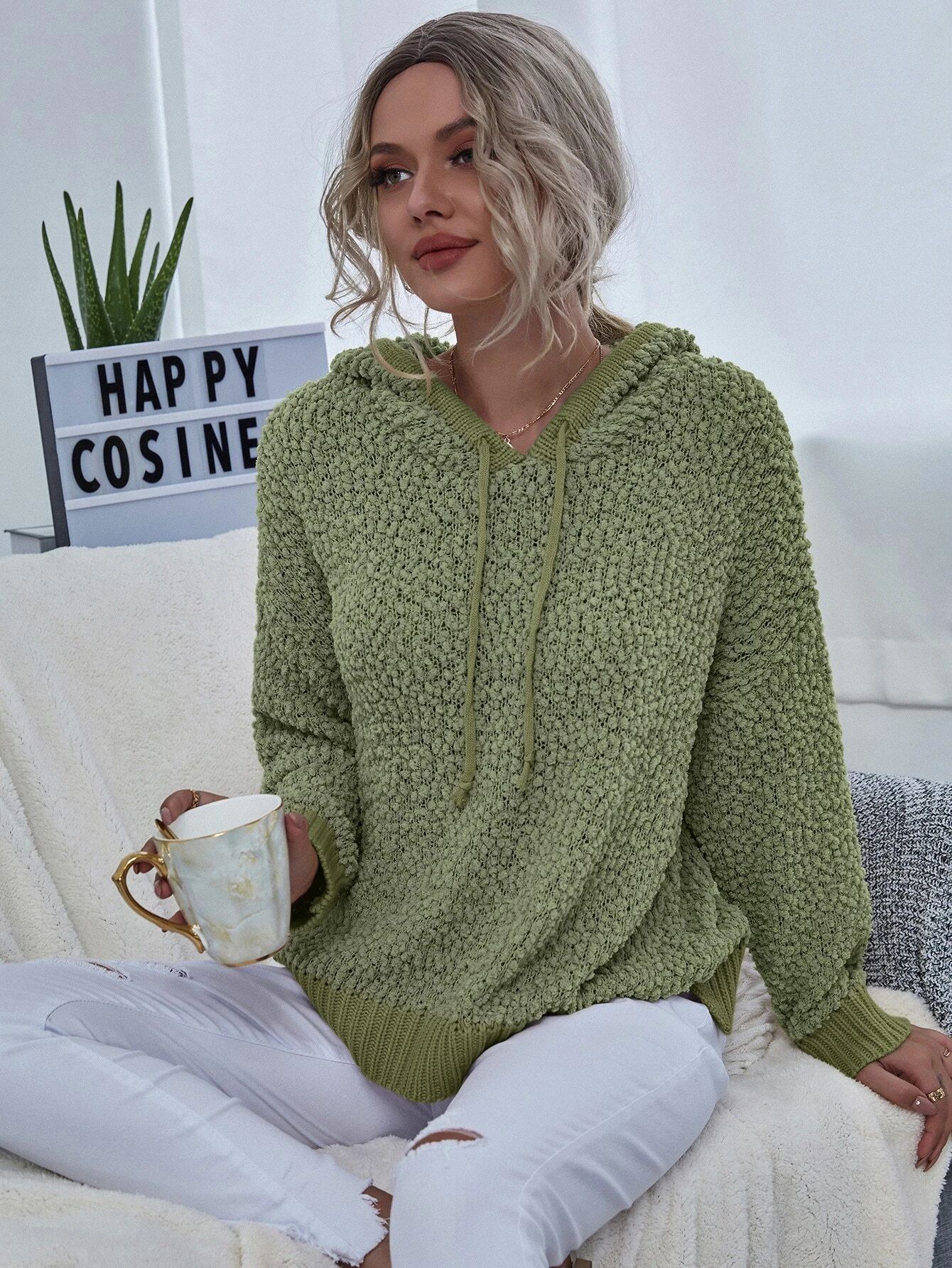 Slit Hem Loop Knit Drawstring Hooded Sweater | SHEIN