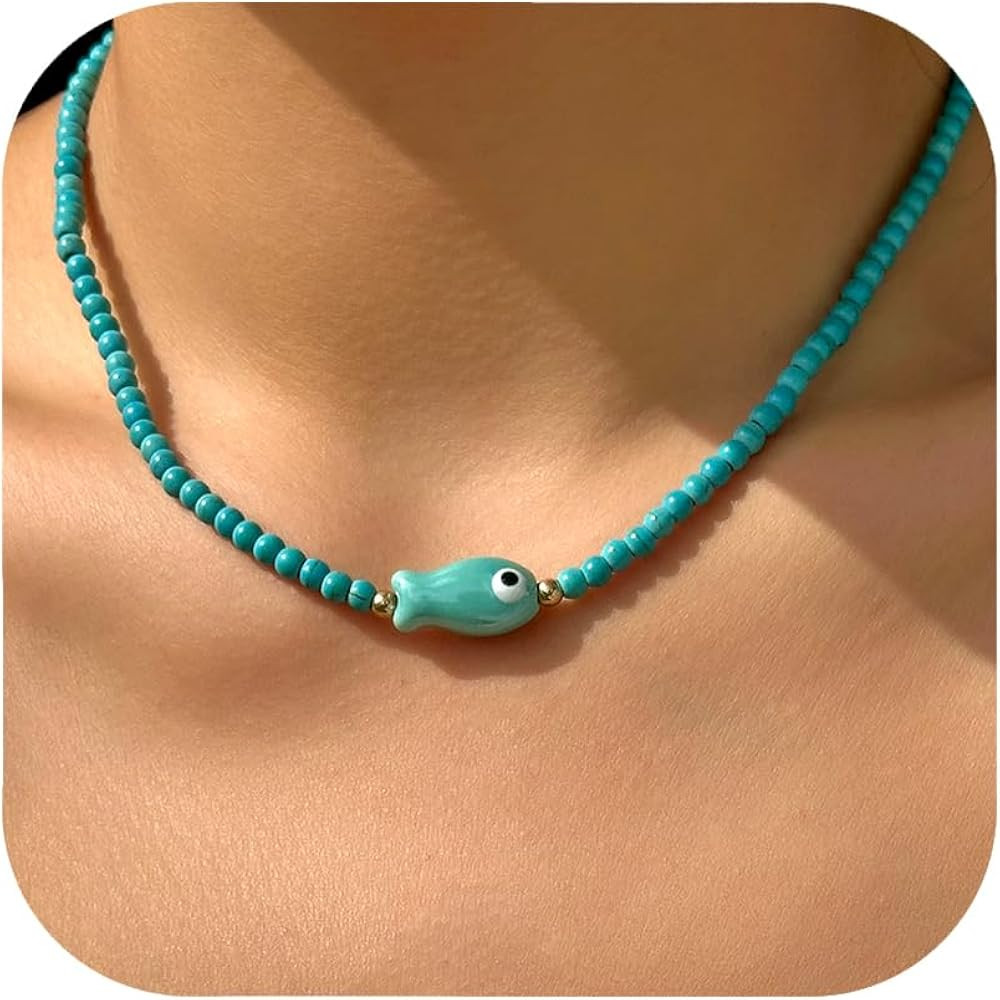RINHOO Ceramic Fish & Starfish Charm Necklace Boho Handmade Bead Necklace OT Buckle Clasp Jewelry | Amazon (US)