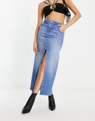 ASYOU split front denim midi skirt in authentic mid blue | ASOS (Global)