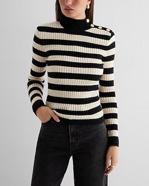Striped Mock Neck Padded Shoulder Novelty Button Sweater | Express