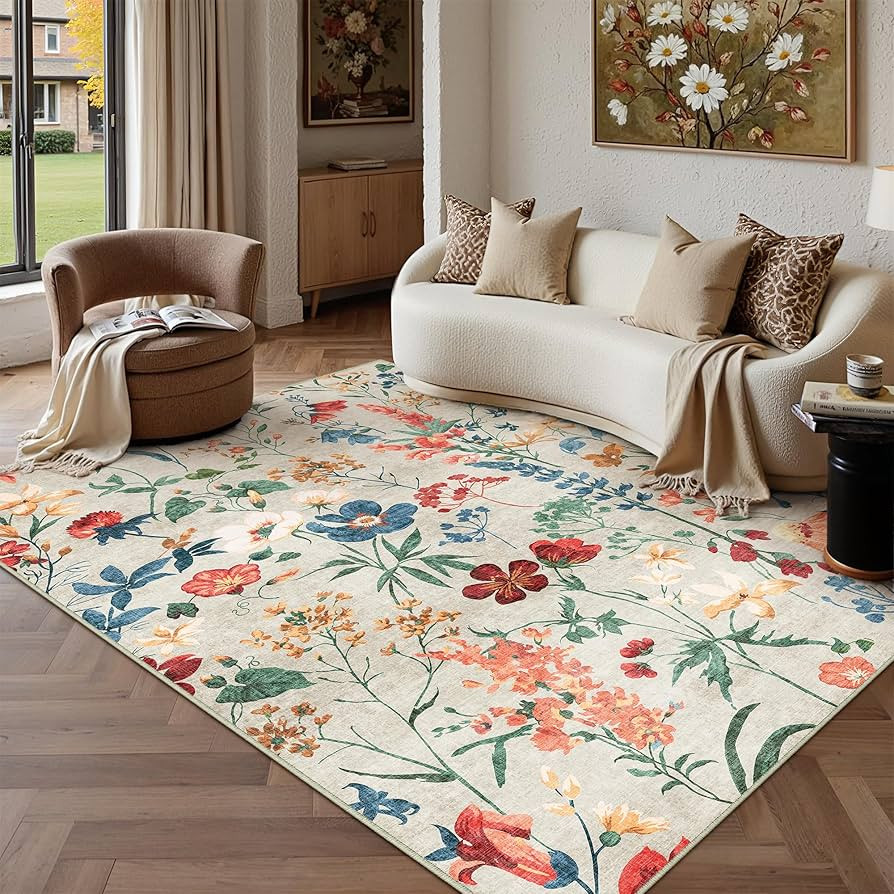 PureCozy 5x7 Area Rug Floral Washable Living Room Boho Kitchen Carpet Indoor Ultra Soft Beige Bed... | Amazon (CA)