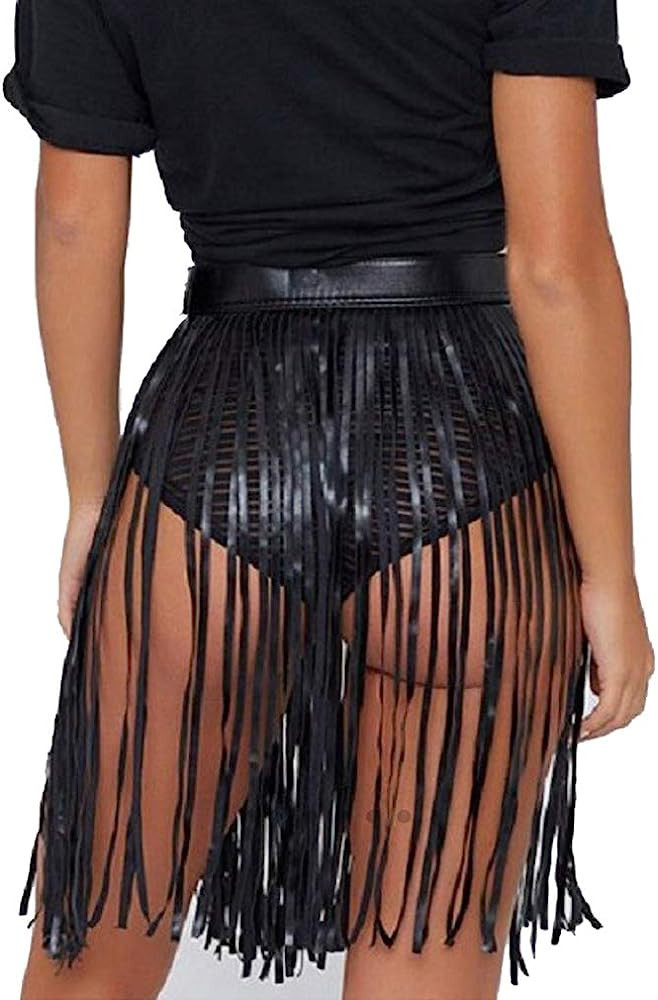 Fenyong Leather Fringe Skirt Tassel Hip Scarf Summer Beach Belts for Women Black | Amazon (US)