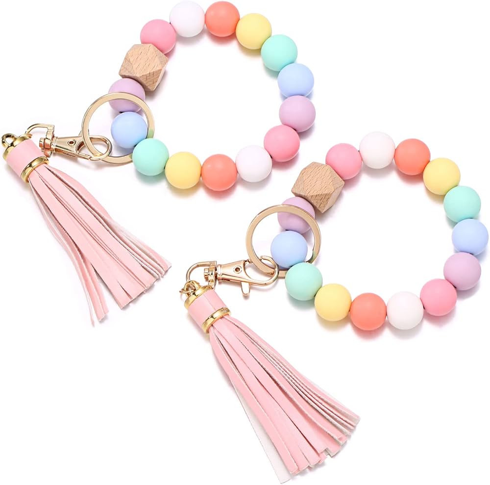 Alysha 2PCS Silicone Beaded Bracelet Keychain, Key Ring Bangle Wristlet Keychain with Leather Tas... | Amazon (US)