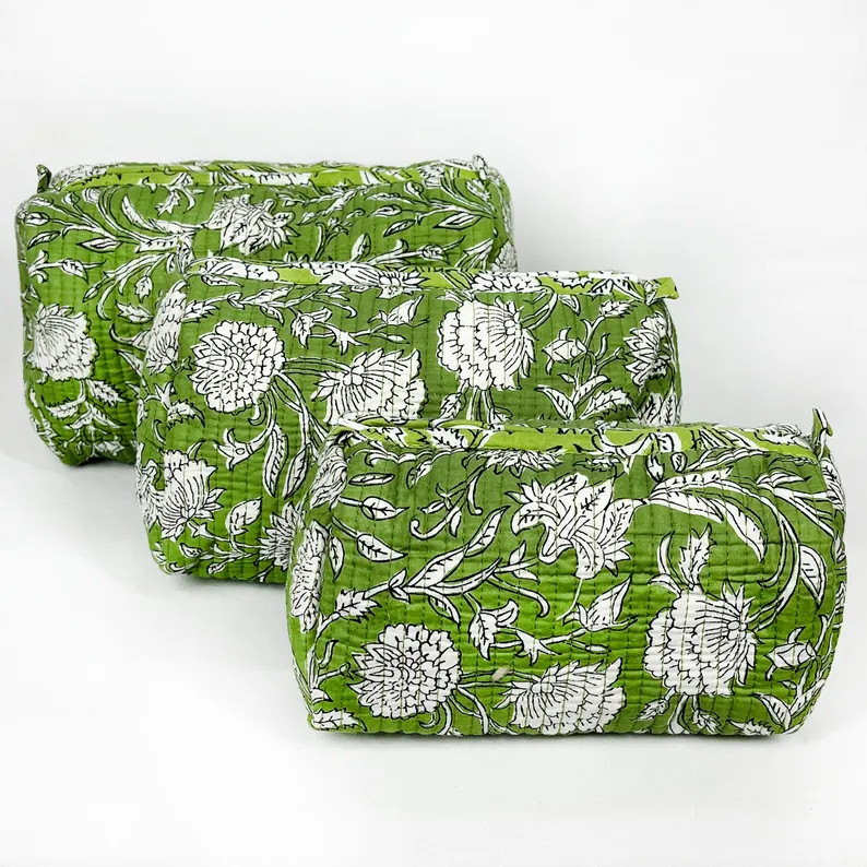 Green Floral Quilted Cosmetic Bag Set of 3 - Etsy Cayman Islands | Etsy (US)
