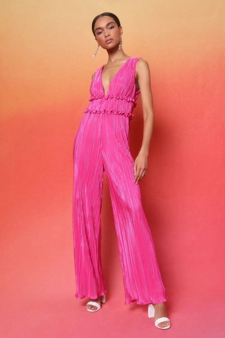 Spectacular Aura Hot Pink Satin Plisse V-Neck Wide-Leg Jumpsuit | Lulus