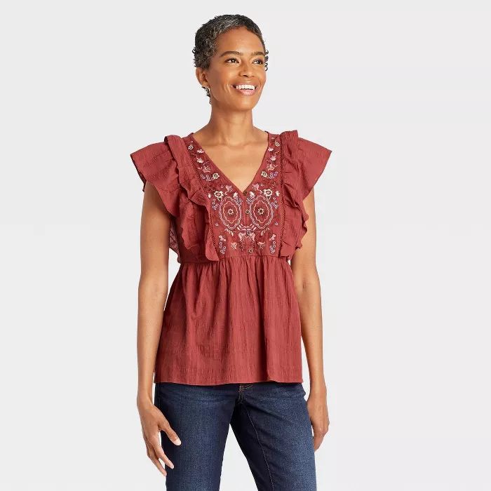 Women's Embroidered Short Sleeve Double Ruffle Top - Knox Rose™ Rust | Target