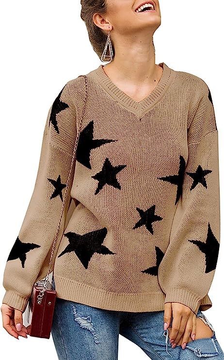ECOWISH Women Knit Sweaters Long Sleeves V Neck Pullover Loose Fit Fashion Stars Sweater | Amazon (US)