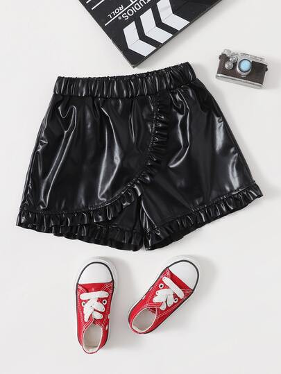 Toddler Girls PU Leather Ruffle Trim Shorts | SHEIN