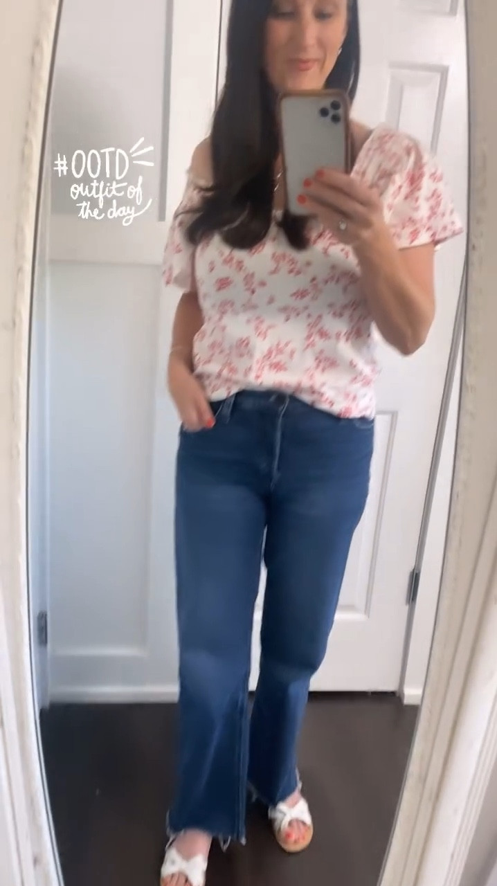 Summer outfit - jeans, smocked off the shoulder top, leather sandals, Sarah Flint, feminine outfit, summer capsule, vacation, country concert 

#LTKOver40 #LTKVideo #LTKSummerSales