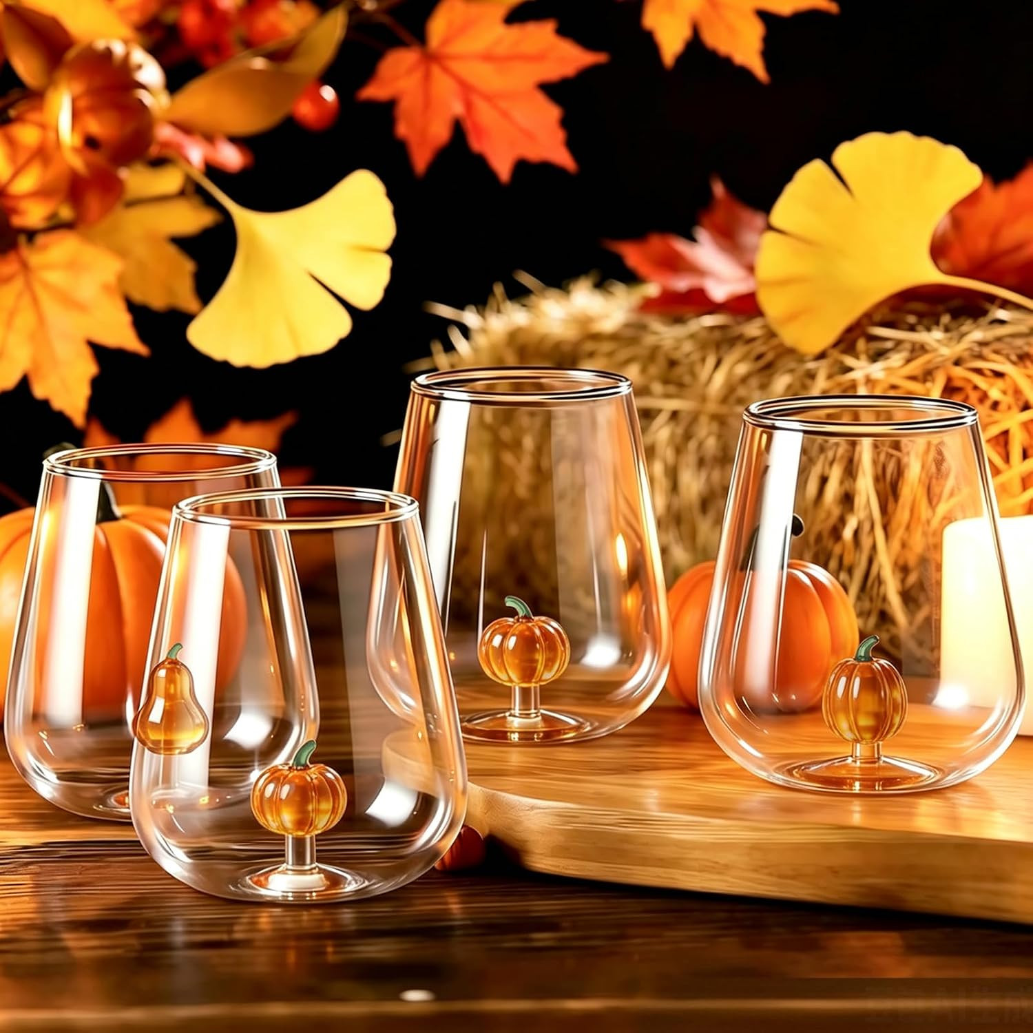 Whaline 4Pcs Fall Pumpkin Stemless Wine Glass Hand Blown 3D Pumpkin Gourd Clear Drinking Glasses for Autumn Thanksgiving Halloween Dinner Party Favors Supplies | Amazon (US)