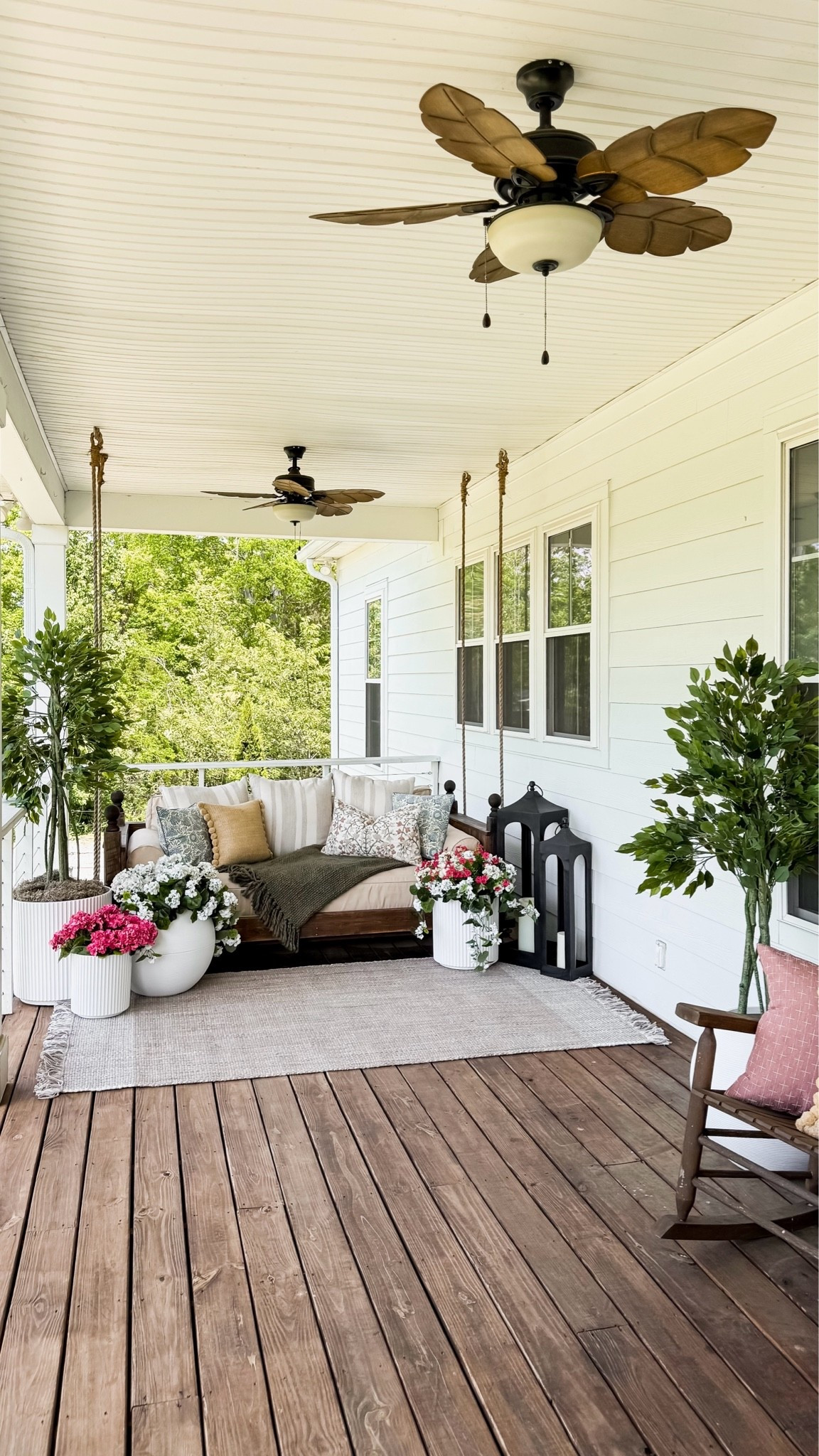 My spring/summer front porch decor! I loved all the color and these UV resistant flowers and trees are the best. I’m all for low maintenance, no watering needed. Just put it out and forget it! I also updated our porch swing mattress cover this year and so far it has been super easy to keep clean. This is my favorite outdoor rug. I have it in three different sizes because it was made to last!

#LTKSeasonal #LTKHome #LTKmorningroutine