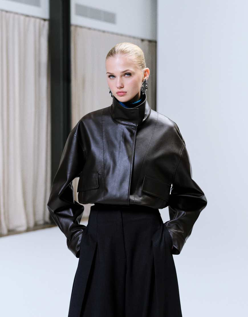 ASOS DESIGN faux leather funnel neck jacket in chocolate brown | ASOS (Global)