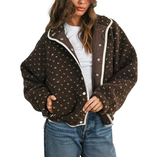 Slouchy Fleece Jacket Women Long Sleeve Button Down High Neck Polka Dot Puffer Jackets Sherpa Ove... | Amazon (US)