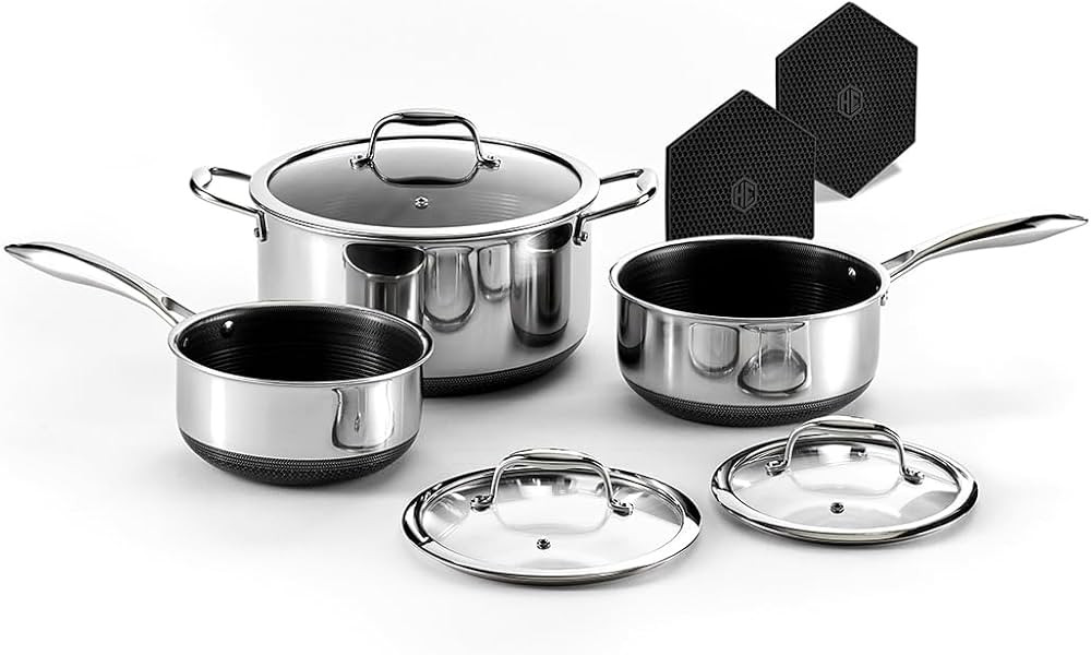 HexClad Hybrid Nonstick 6-Piece Pot Set with Trivets, 2, 3, and 8-Quart Pots with Tempered Glass ... | Amazon (US)