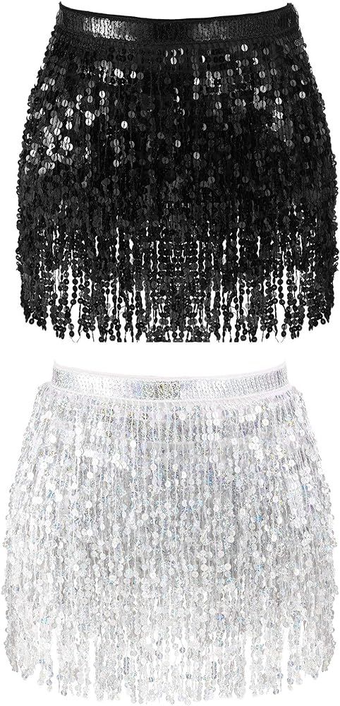 2 Pieces Sequin Tassel Skirt Belly Dance Hip Scarf Performance Outfit Sequins Skirt Belts Body Ac... | Amazon (US)