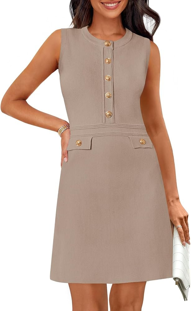 MEROKEETY Women's Formal Work Mini Dress Casual Summer Sleeveless Elegant Button Bussiness Office... | Amazon (US)