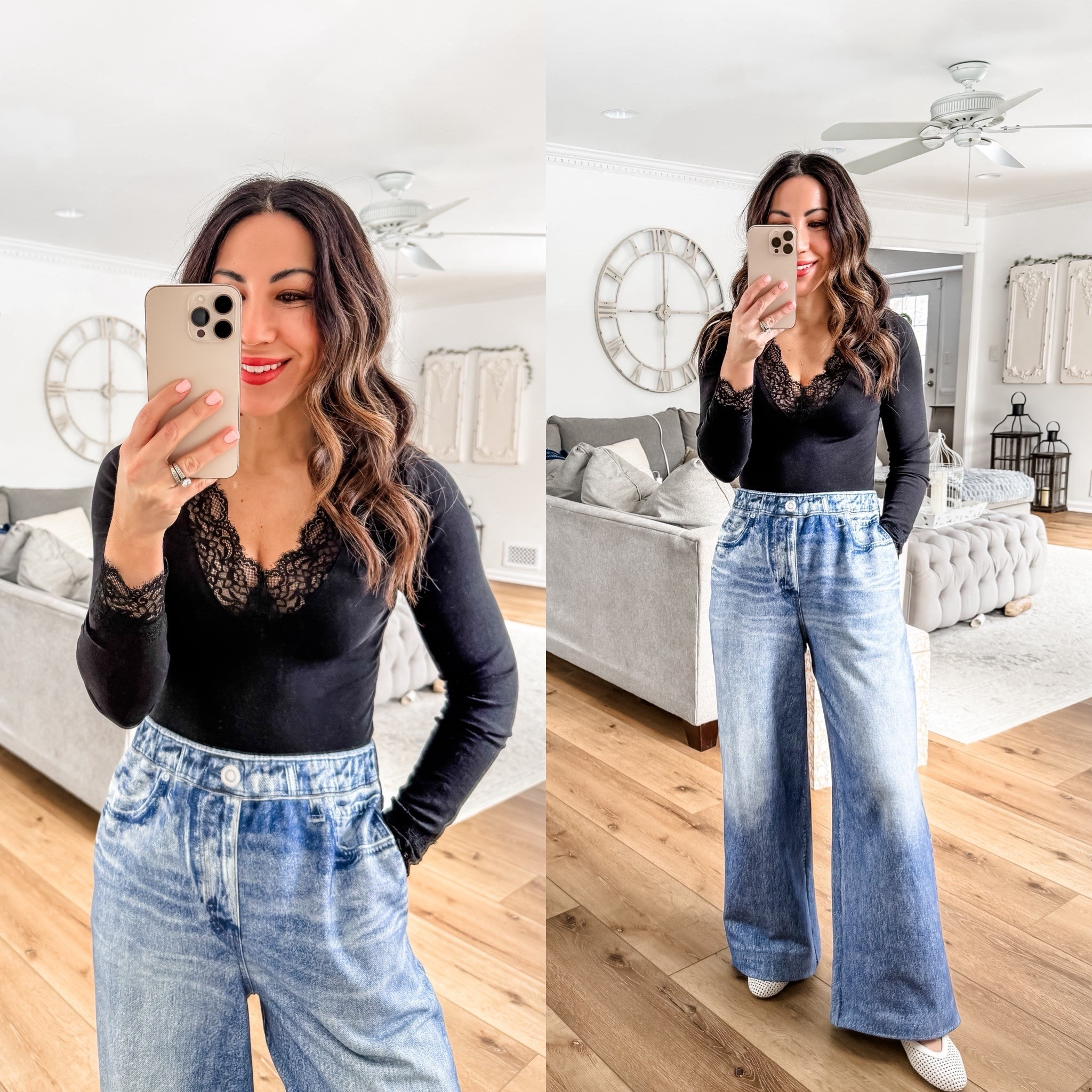 Small lace top. Small lounge jeans. Shoes TTS. Sweatpants jeans. Sweatpant jeans 

#LTKootd #LTKOver40