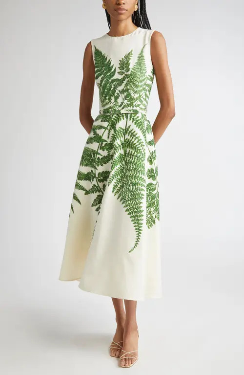 Oscar de la Renta Placed Fern Print Wool Blend A-Line Dress in Green/Ivory at Nordstrom, Size 10 | Nordstrom