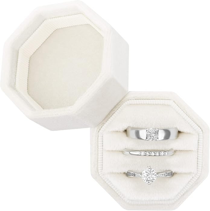 Octagon 3 Slot Velvet Ring Box - Premium Wedding & Engagement Ring Bearer Box (Beige) | Amazon (US)